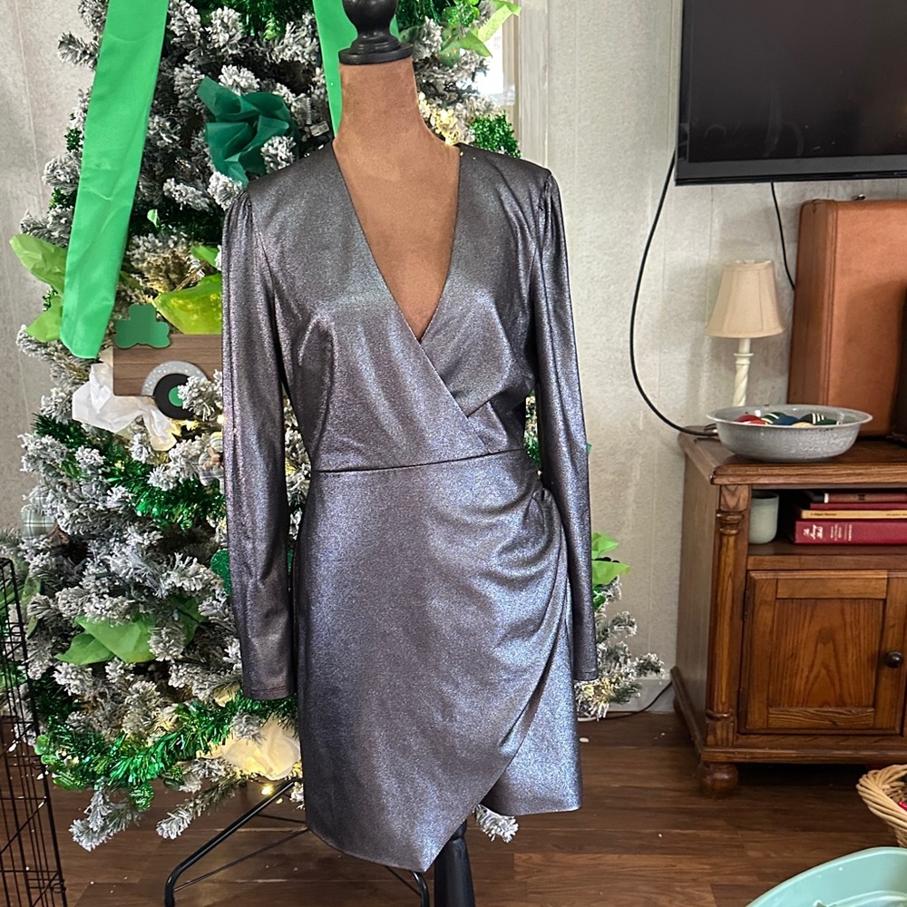 BCBGMaxAzria Metallic Silver Long Sleeve Dress